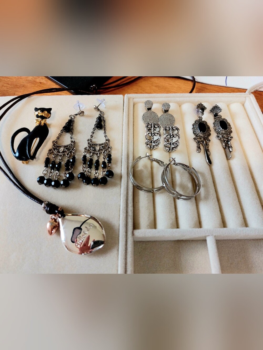 Stella & Dot Leather Necklace, Vintage Cat Brooch & Earring 7pc Lot